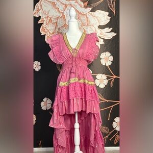 STATEMENT Riviera Pink Mirror Embellished Ruffle High Low Dress w/ Gold Trim